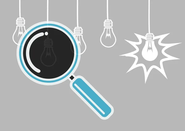 Magnifying glass illustration searching lightbulbs for ideas against grey background