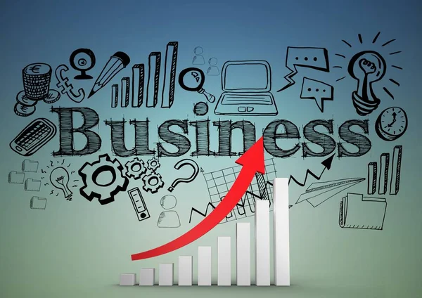 Röd pil och stapeldiagram med svart business doodles mot blå grön bakgrund — Stockfoto