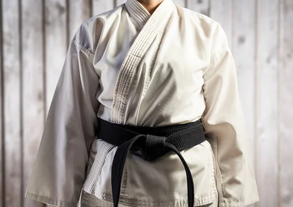 Kvinna i karate dräkten mitten av avsnittet mot suddiga träpanel — Stockfoto