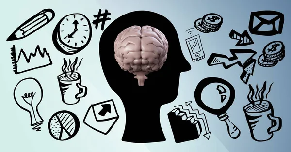 Pembe beyin üzerinde mavi arka plan siyah kafa doodle — Stok fotoğraf