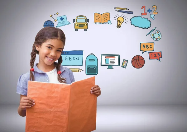 Chica joven con libro y educación gráfica — Foto de Stock