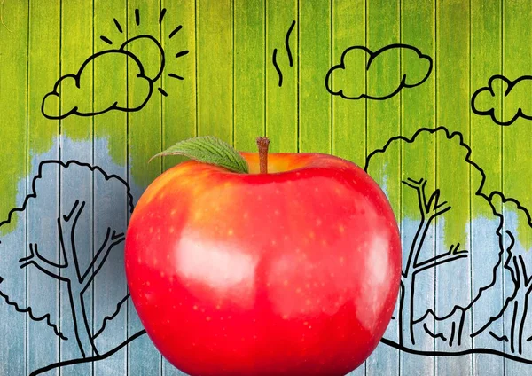 Apple against colourful painted wood with nature drawings — Stock Photo, Image