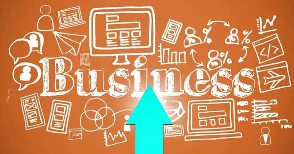 Flecha azul com flare e rabiscos de negócios brancos contra quadro-negro laranja — Fotografia de Stock