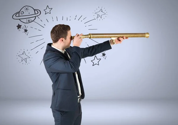 Businessman with telescope and planet