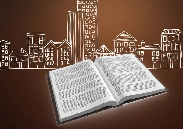 Libro abierto sobre fondo marrón con edificios de la ciudad dibujo gráfico — Foto de Stock