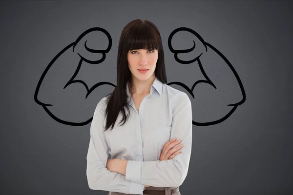 Confident business woman against grey background with drawing of  flexing muscles — Stock Photo, Image