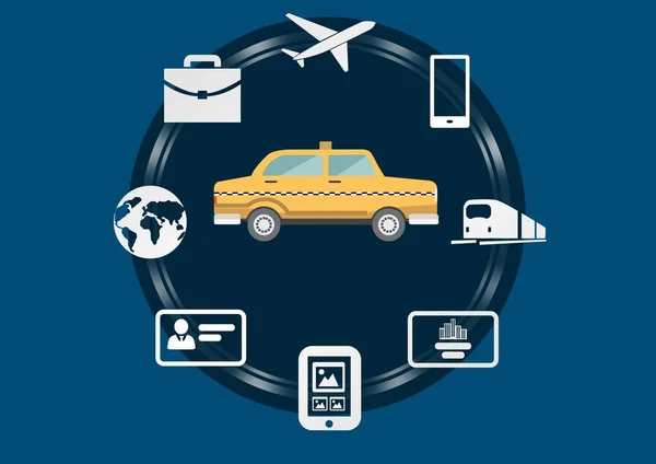 Taxi illustration icon in circle against blue background with travel and technology business icons — Stock Photo, Image