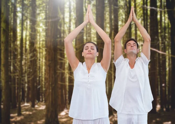 Pessoas meditando ioga na floresta — Fotografia de Stock