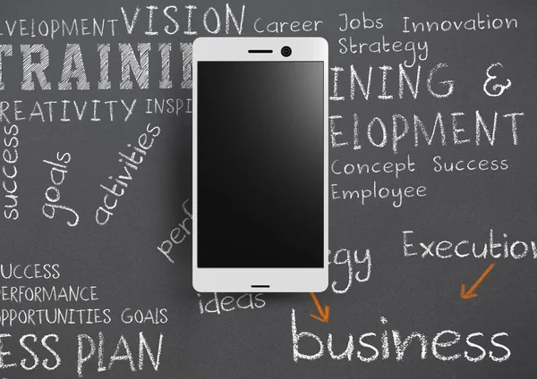 Phone against grey background with chalk written business training words — Stock Photo, Image