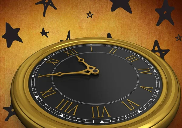 3D Clock against rustic background with stars — Stock Photo, Image