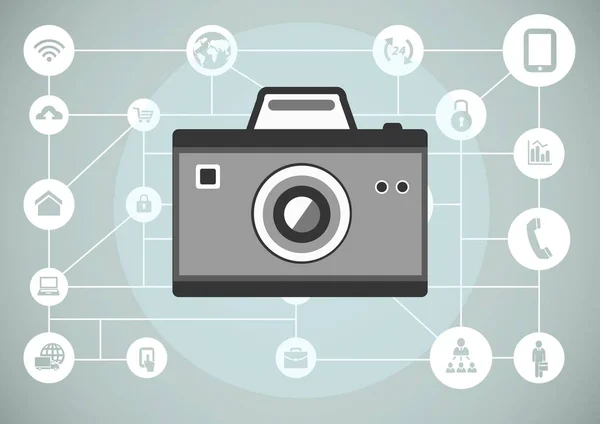 Graue Kamera Illustration Symbol mit kreisförmigen Business-Symbole — Stockfoto