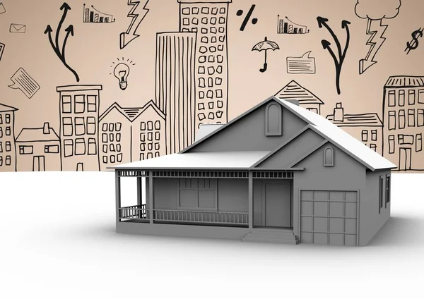 Casa 3D contra dibujos de ciudad 2D sobre fondo beige — Foto de Stock