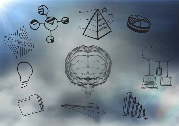 Transparent brain with black business doodles against cloudy sky — Stock Photo, Image