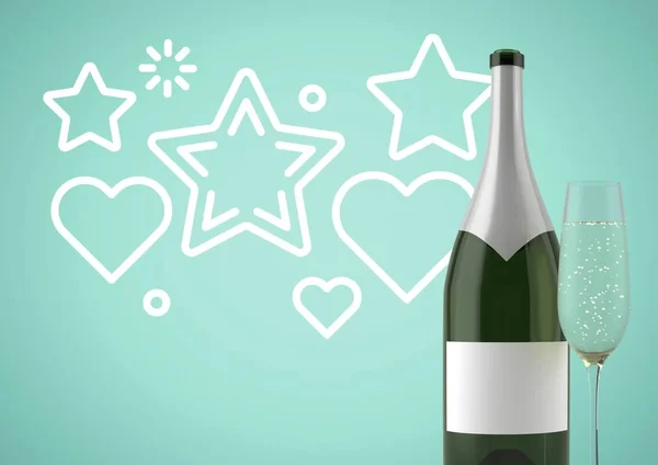 3D Bottle of wine with champagne glass against green background with stars and hearts illustrations — Stock Photo, Image