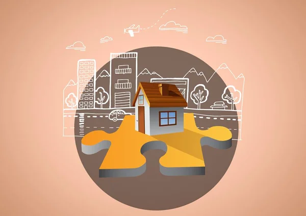 House illustration on jigsaw in circle againt brown background with street town illustration drawing
