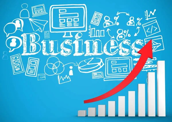 Flecha vermelha e gráfico de barras com rabiscos de negócios brancos contra fundo azul — Fotografia de Stock