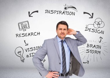 Businessman with research brainstorm graphic drawings clipart