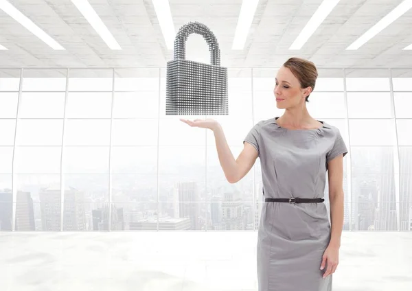 Woman with open palm hand under security lock in office — Stock Photo, Image