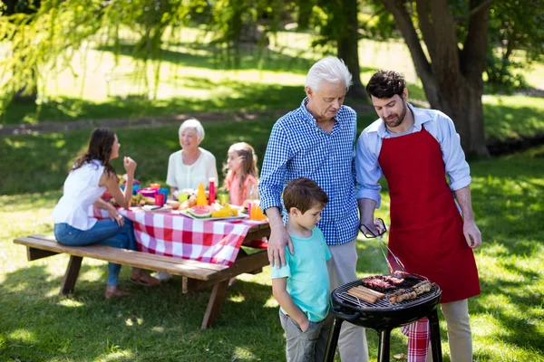 Дедушка, отец и сын готовят барбекю в парке — стоковое фото