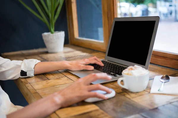 Donna che utilizza il computer portatile in careteria — Foto Stock