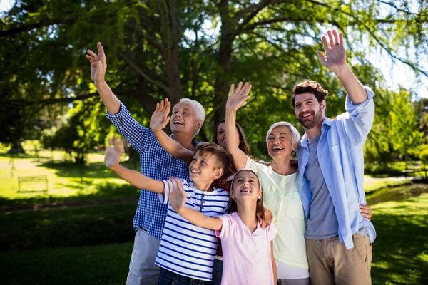 Familia multi generación saludando mano en el aire en el parque —  Fotos de Stock