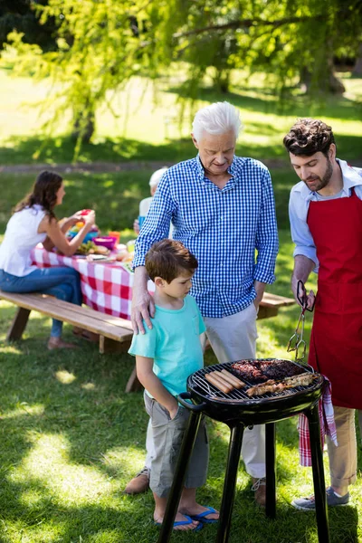 Grandfather, father and son barbequing