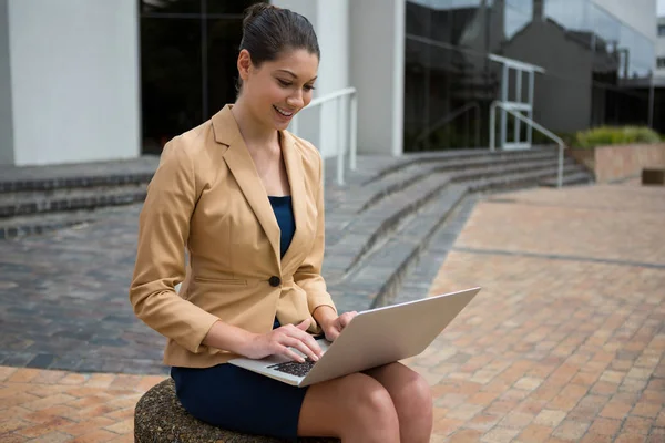 Усміхнена бізнес-леді використовує ноутбук — стокове фото
