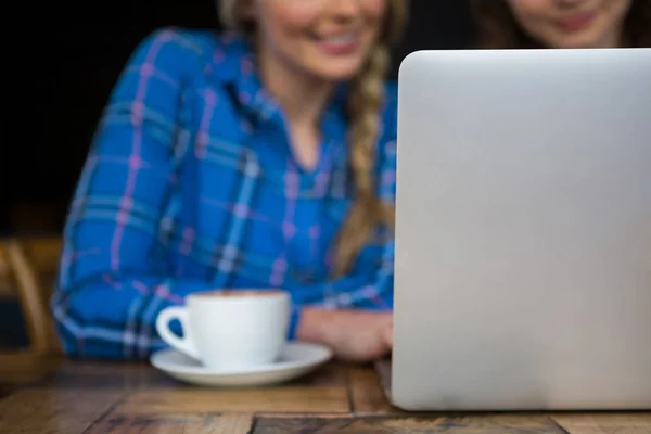 Amici che utilizzano il computer portatile in caffetteria — Foto Stock