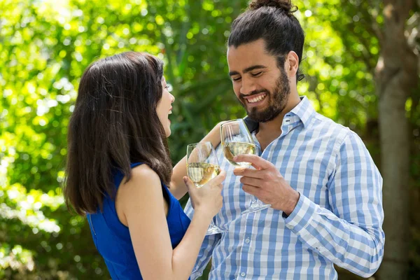 Casal alegre brindar copos de vinho no parque — Fotografia de Stock