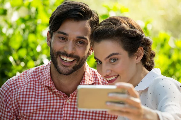 Casal alegre tomando slefie através de telefone inteligente no parque — Fotografia de Stock