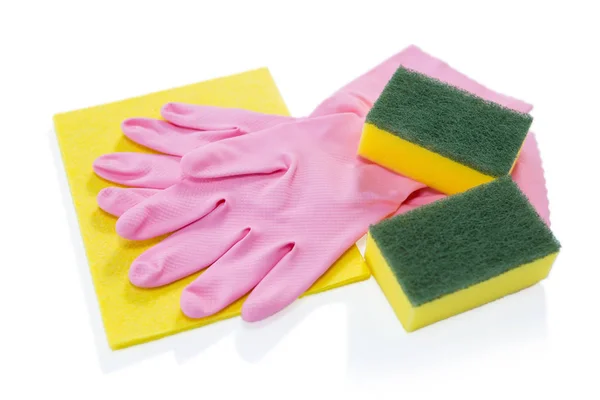 Sponzen met handschoenen en veeg zeem — Stockfoto