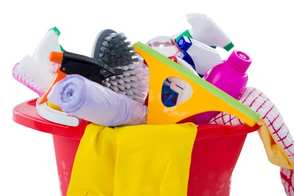 Close-up of cleaning products in bucket — Stock Photo, Image