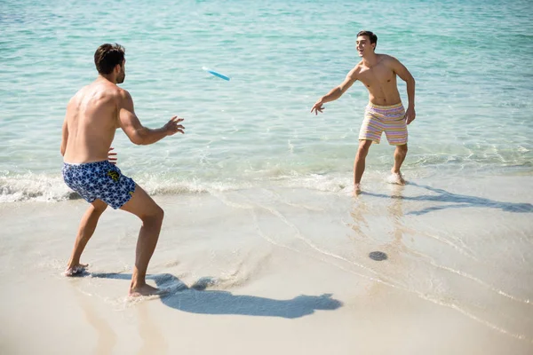 Männliche Freunde spielen Frisbee am Strand — Stockfoto