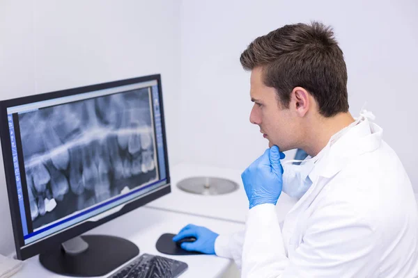 Dentista atento que examina o relatório de raios X — Fotografia de Stock