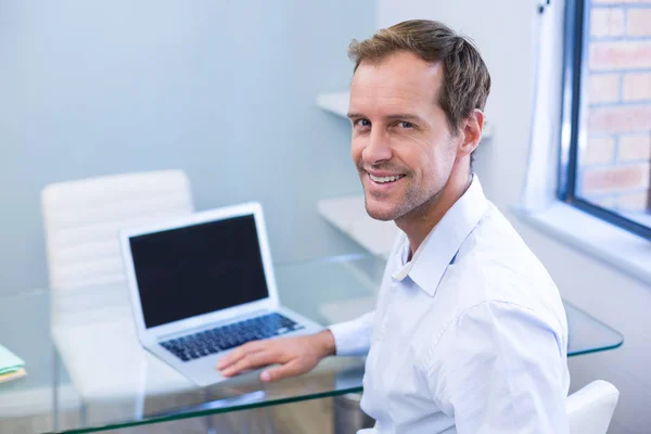 Smiling dentist working on laptop — Stock Photo, Image