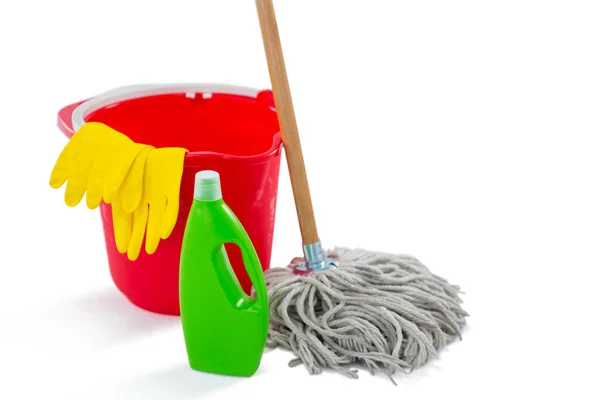 Cleaning products and mop with bucket — Stock Photo, Image