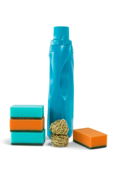 Close up of bottle with cleaning sponges — Stock Photo, Image