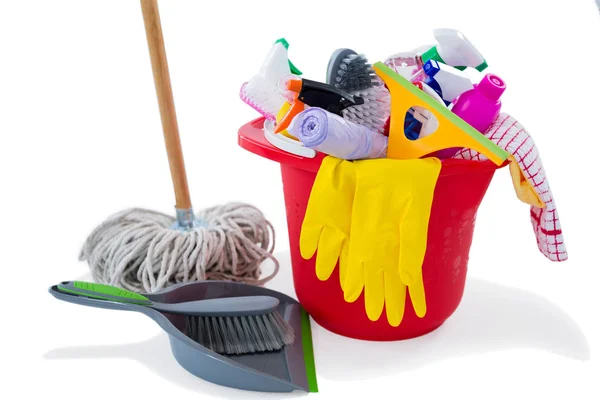 Mop and dustpan by cleaning products — Stock Photo, Image