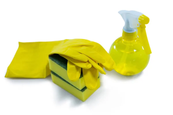 Sponge with spray bottle and glove — Stock Photo, Image