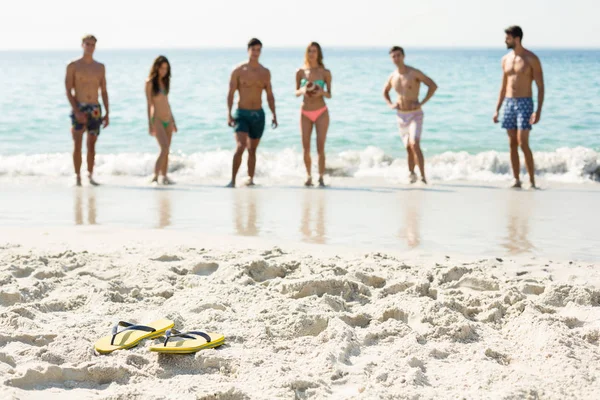 Vänner som står på stranden vid stranden — Stockfoto