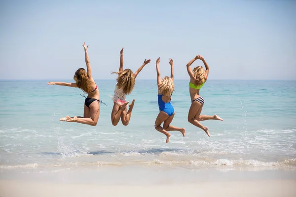Female friends in bikinis jumping on shore — Stock Photo, Image