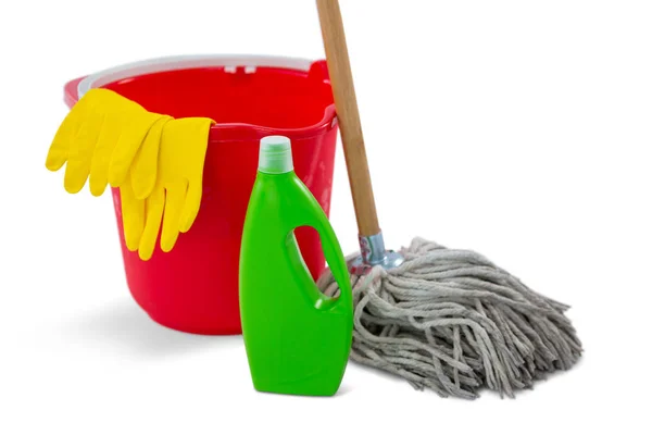 Chemical bottle and mop with bucket — Stock Photo, Image