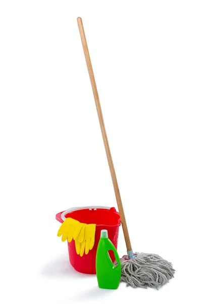 Cleaning products and mop with bucket — Stock Photo, Image