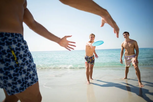 Male friends playing frisbee on shore — Stock Photo, Image