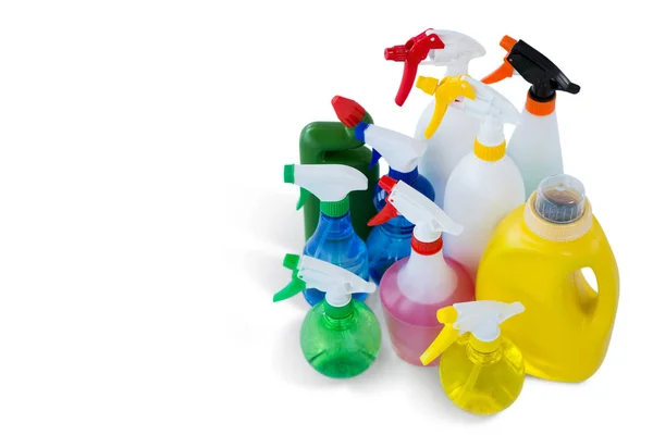 Cleaning liquid in colorful spray bottles — Stock Photo, Image