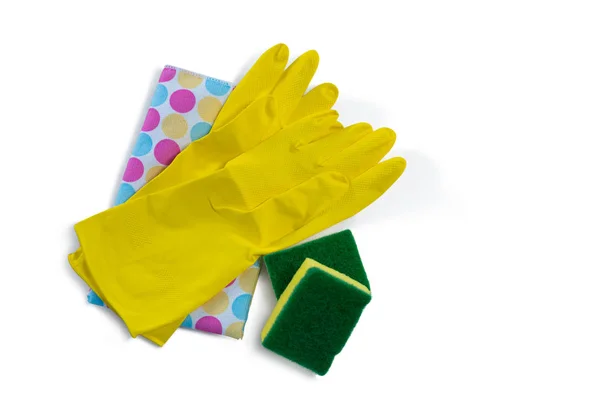 Перчатки с салфеткой и губки — стоковое фото