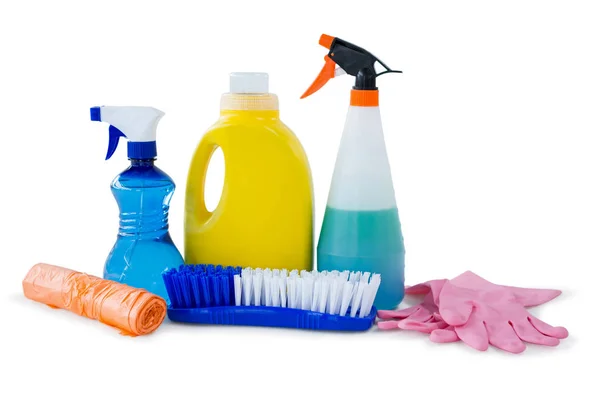 Cleaning liquid with brush and gloves — Stock Photo, Image