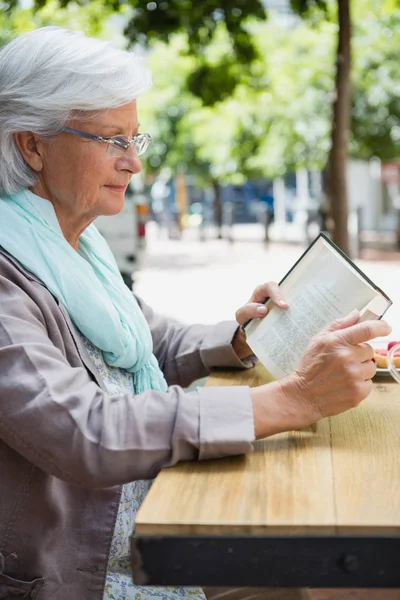 Oudere vrouw die een boek leest — Stockfoto