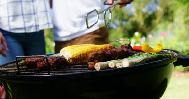 Casal grelhar carne e legumes no churrasco — Vídeo de Stock