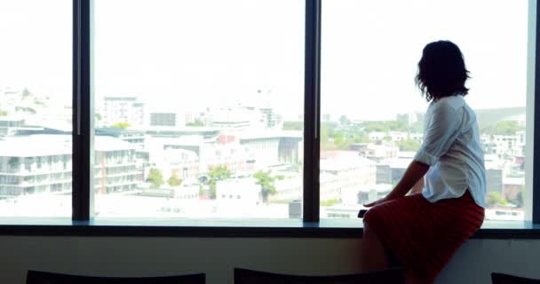 Женщина-руководитель с мобильного телефона возле окна — стоковое видео